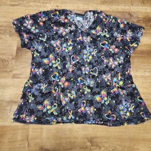 Cherokee Multicolor Butterfly Print Short Sleeve Scrub Top 2XL